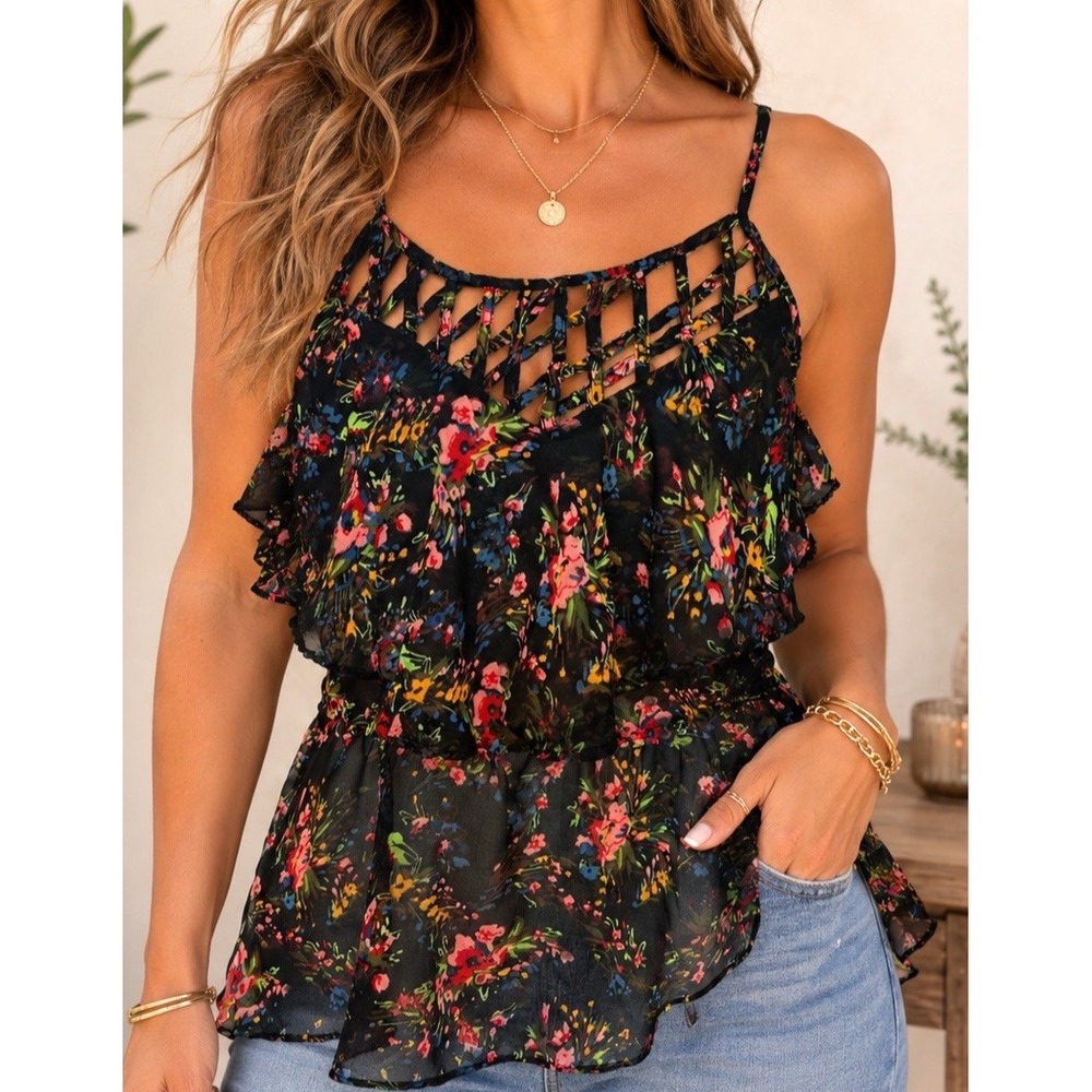 Angie Floral Sleeveless Sheer Top Size S Peplum Hem Fairy Grunge Whimsigoth
